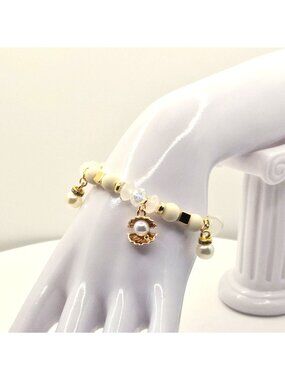 Elegant Beaded Bracelet With Faux Pearl Charms & Gold Tone Accents For Women Adj